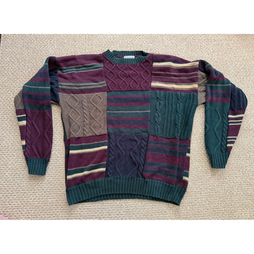 Izod Mens Vintage‎ Patchwork Cable Knit Sweater Cosby grandpa chunky  preppy LG